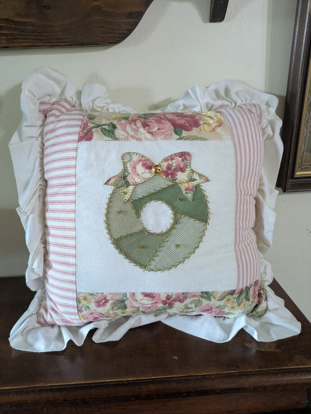 Vintage Shabby Chic Patchwork Ruffled Throw Pillow Wreath Floral Christmas Farm